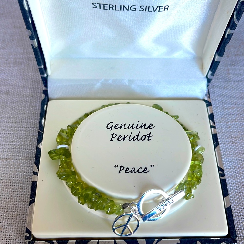 New Sterling Silver and Genuine Peridot “Peace” Bracelet